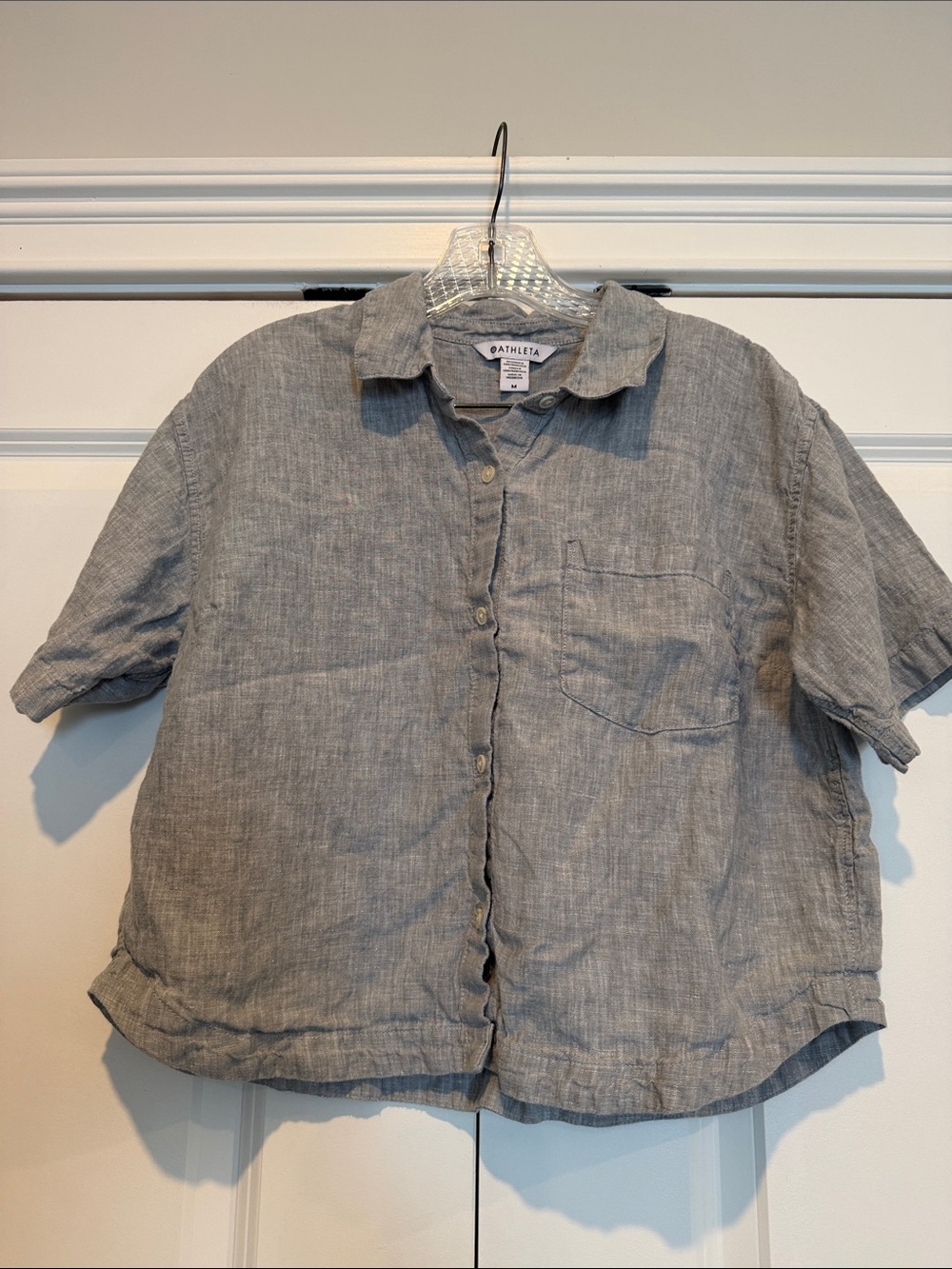 Athleta Blueish/Gray Crop Button-Down Short-Sleeve Linen Shirt